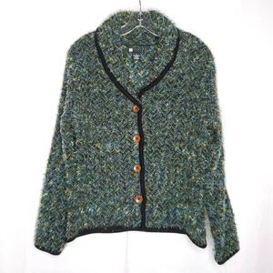 Carole Little Fuzzy Fringe Knit Blazer Jacket M Green Blue Shawl Collar Wool